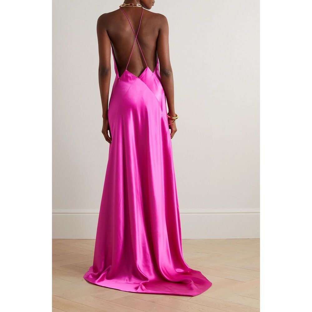 Michael Lo Sordo Hot Pink Satin Halter Maxi Dress